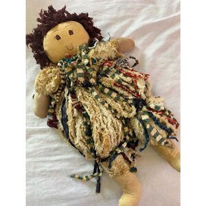 Handmade Rag Doll with Cream and Multicolor Yarn and Fabric Dress
